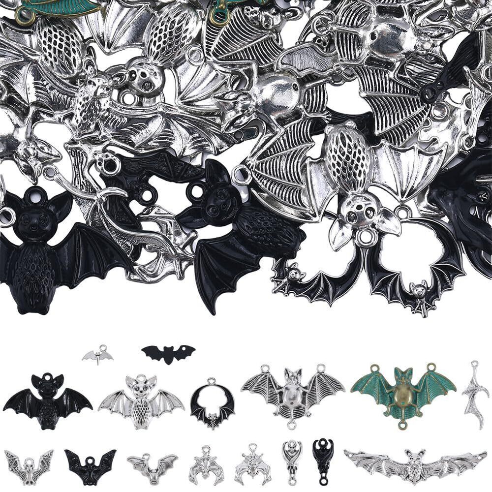 5183 1 Box 64Pcs 16 Styles Bat Charm Silver Bats Charms Bulk Assorted Metal